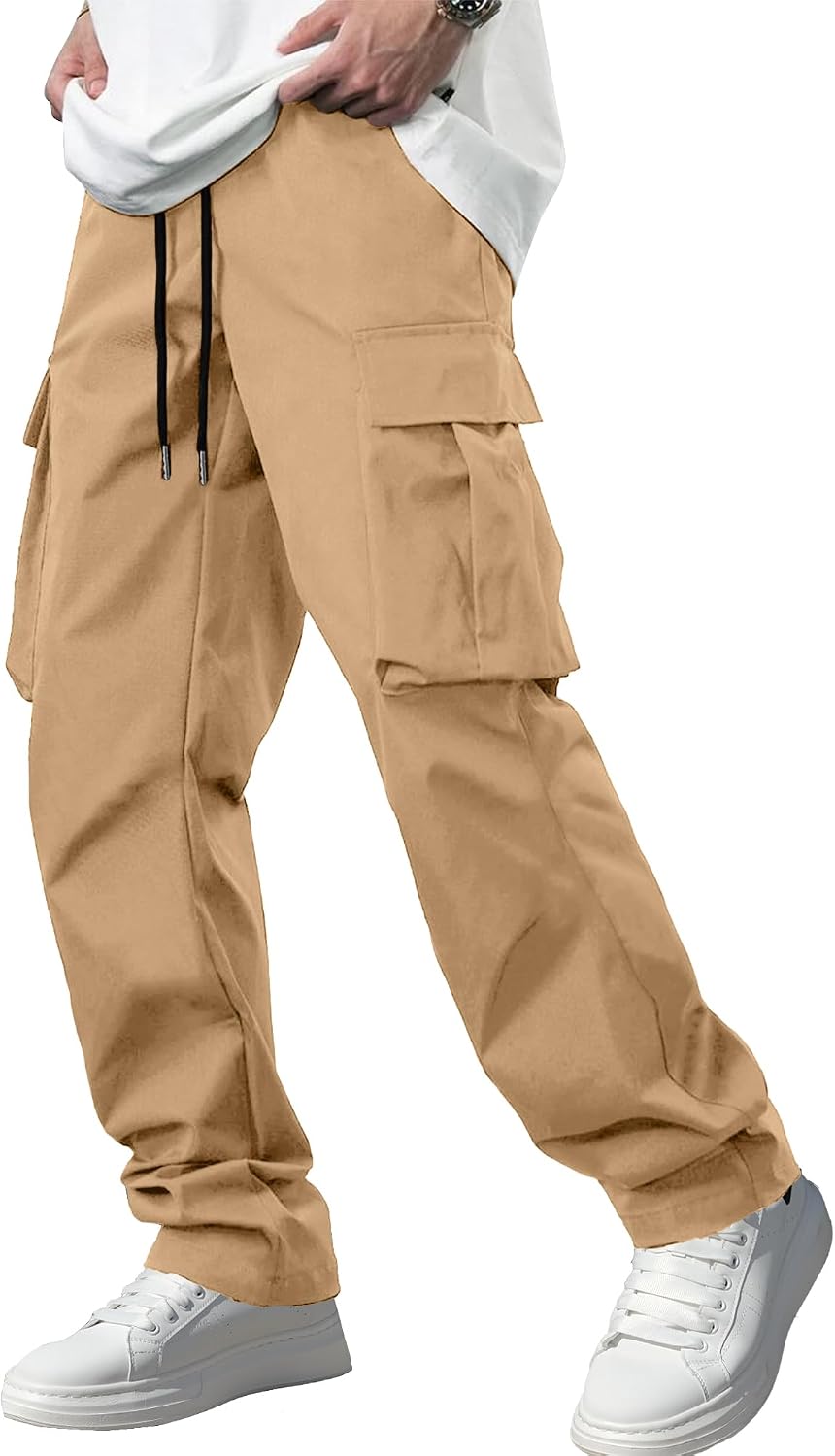 Men's Casual Cargo Pants Workout Joggers Stretch Sweatpants Hiking Drawstring Tactical Pants with Multi Pockets