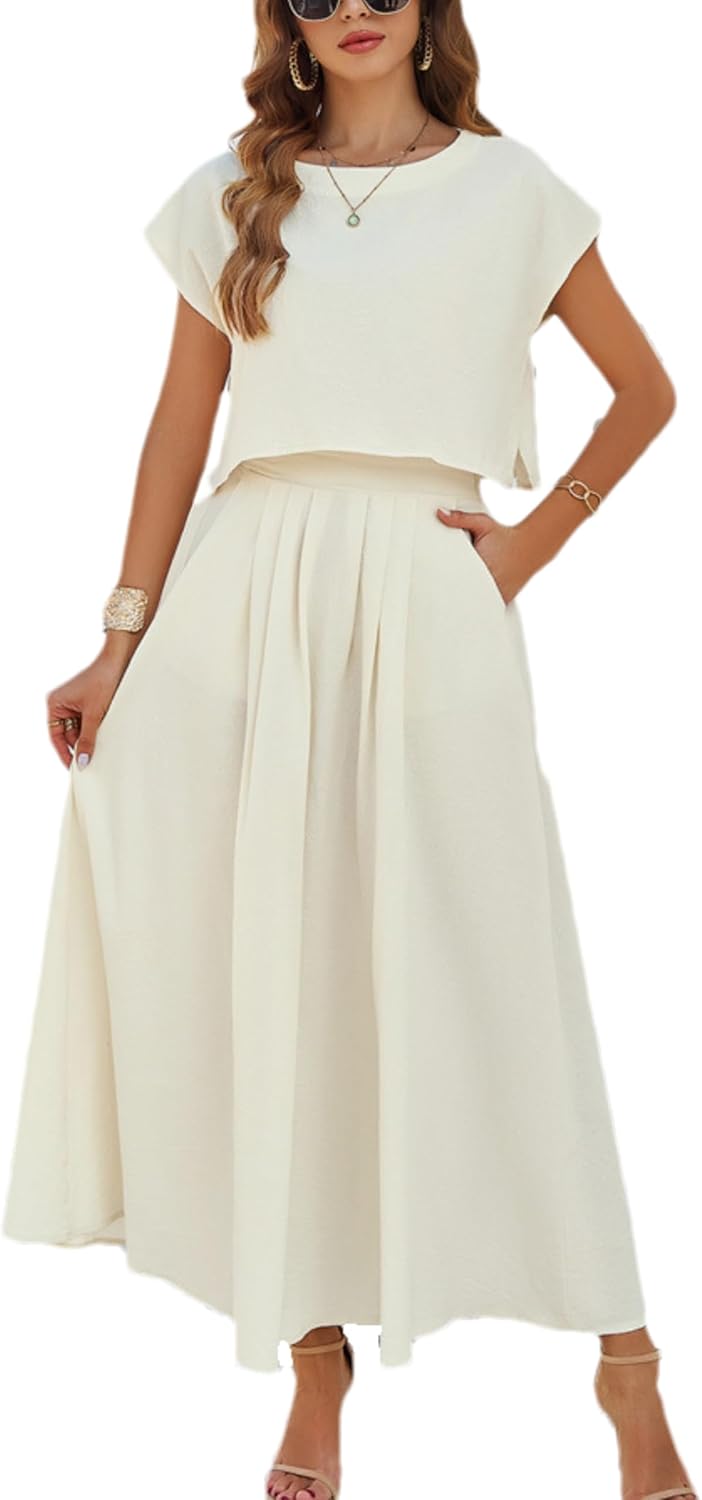 Summer Skirt Sets Women 2 Piece Outfits Cap Sleeve Top Elastic Waist Maxi Dress Sets with Pockets