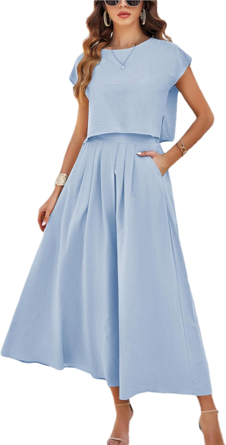 Summer Skirt Sets Women 2 Piece Outfits Cap Sleeve Top Elastic Waist Maxi Dress Sets with Pockets