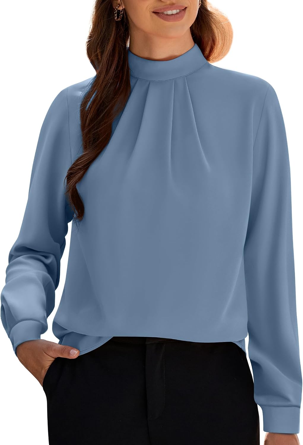 Women's Long Sleeve Tops Dressy Casual Mock Neck Work Blouse Fall Trendy Front Pleated Tunic Chiffon Shirts