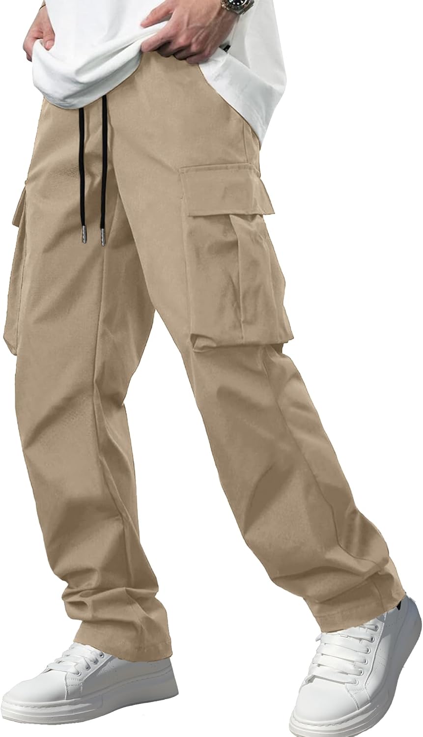 Men's Casual Cargo Pants Workout Joggers Stretch Sweatpants Hiking Drawstring Tactical Pants with Multi Pockets