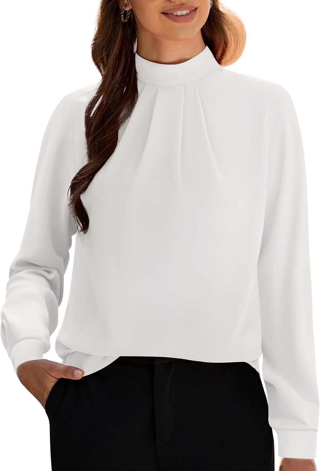 Women's Long Sleeve Tops Dressy Casual Mock Neck Work Blouse Fall Trendy Front Pleated Tunic Chiffon Shirts