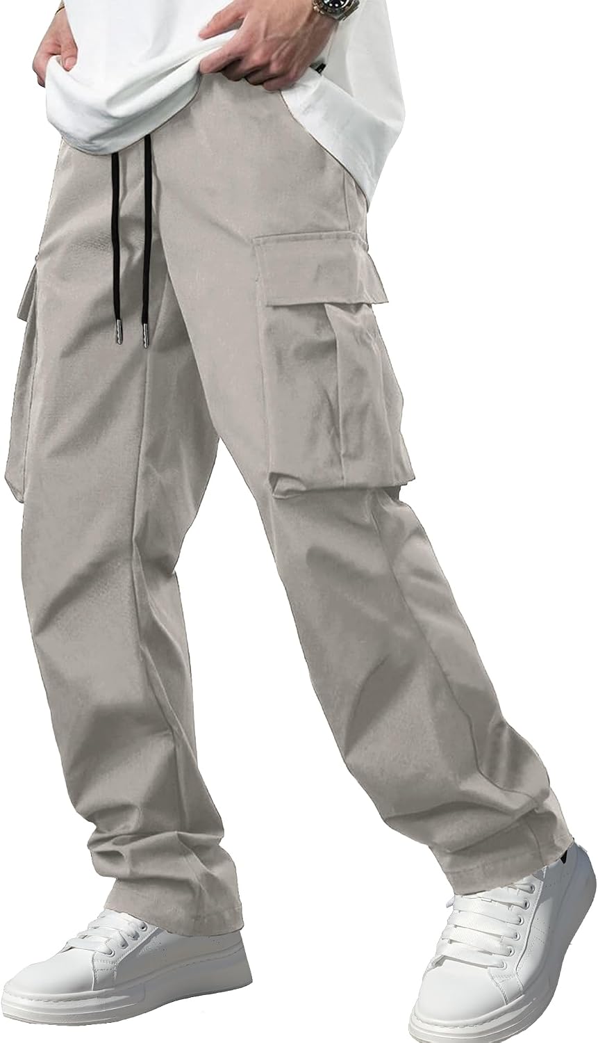Men's Casual Cargo Pants Workout Joggers Stretch Sweatpants Hiking Drawstring Tactical Pants with Multi Pockets