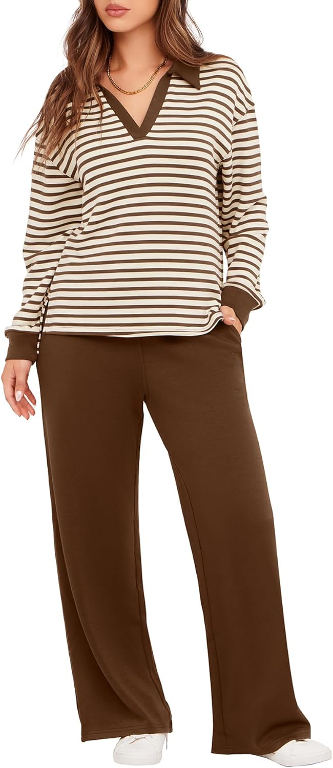 Women's 2 Piece Sets Outfits Casual Long Sleeve Sweatsuits Polo Top and Wide Leg Pants Matching Sets