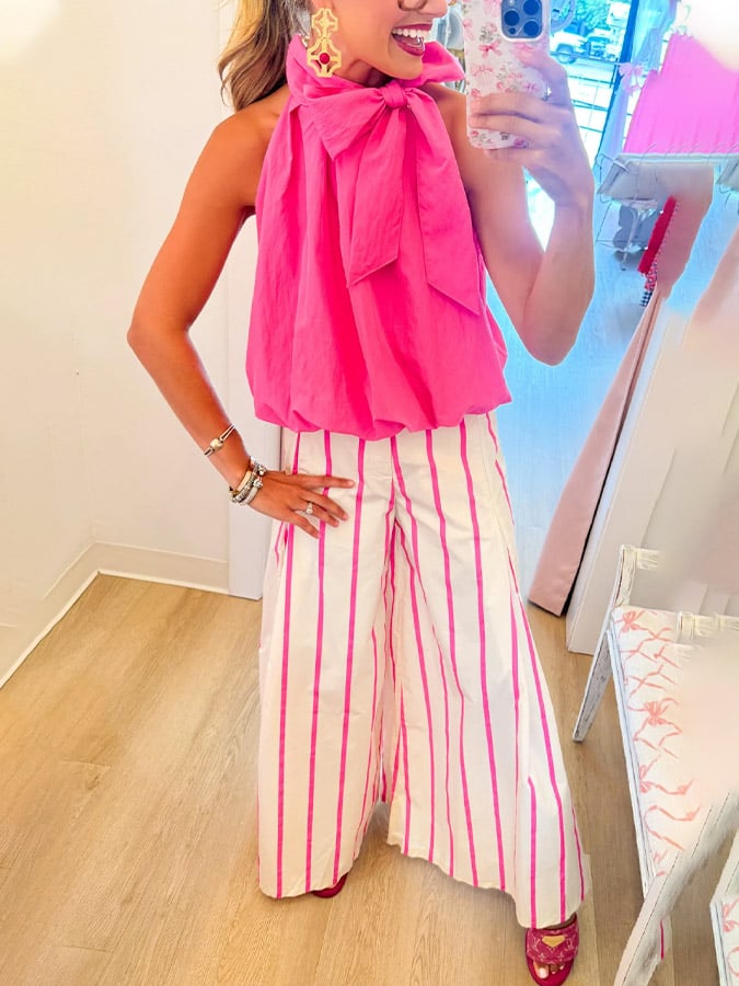 ✨Hot Pink Bubble Hem Neck Bow Top