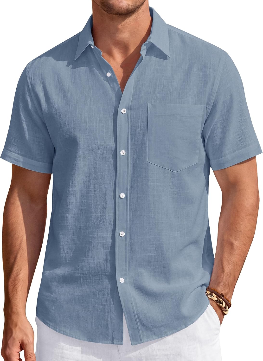 Men's Linen Short Sleeve Shirts Cotton Casual Lightweight Button Down Shirt Beach Vacation Summer Tops with Pocket