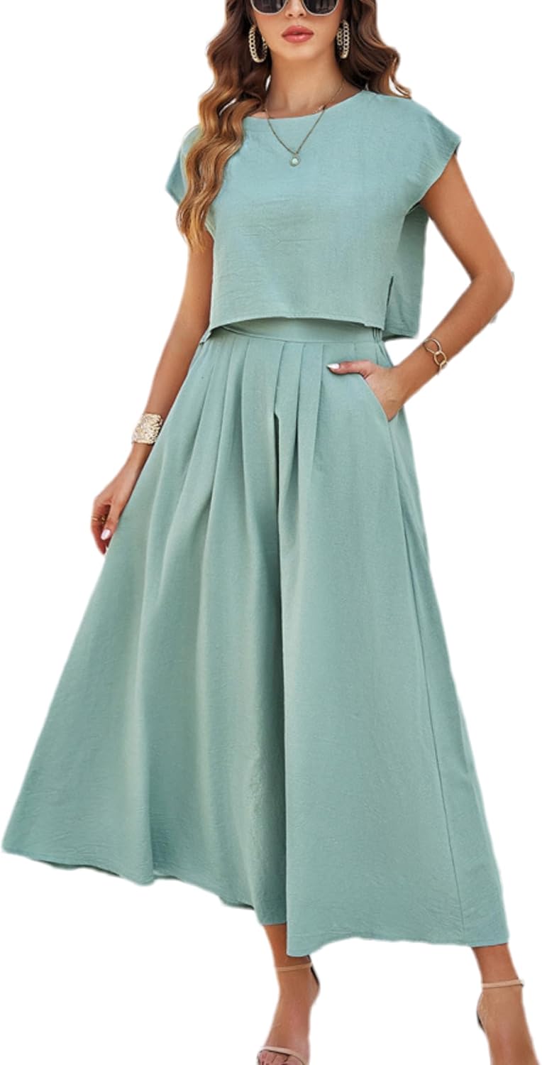 Summer Skirt Sets Women 2 Piece Outfits Cap Sleeve Top Elastic Waist Maxi Dress Sets with Pockets