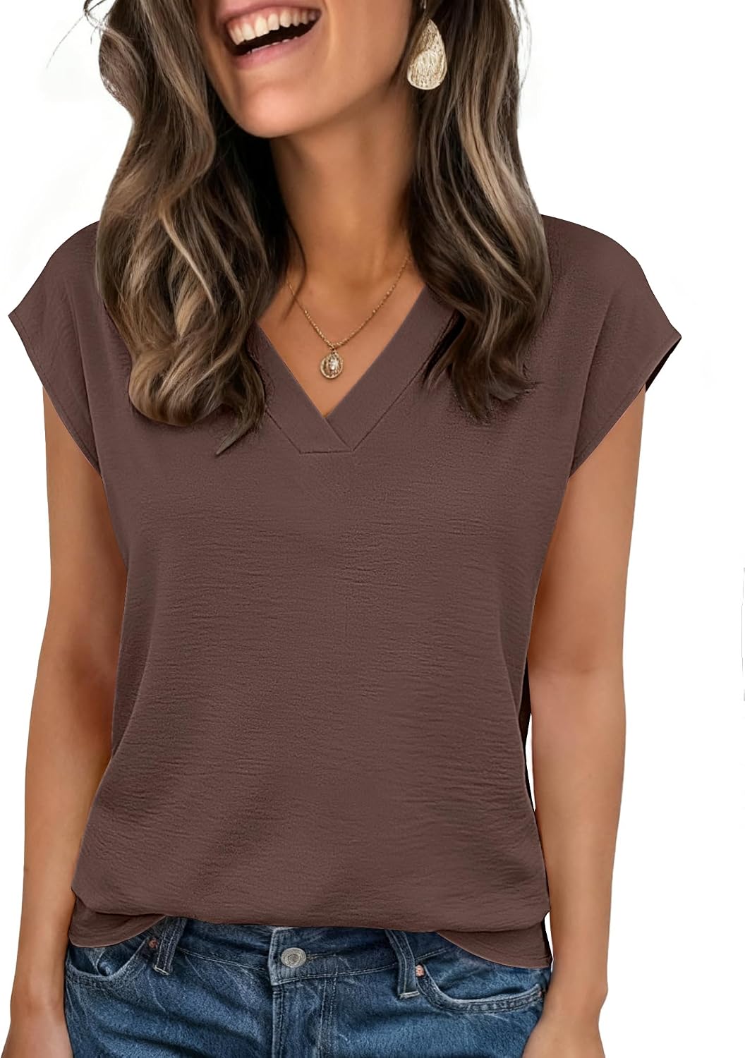 Womens Tops Cap Short Sleeve Textured Blouse V Neck Summer Spring Shirts Business Casual Outfits