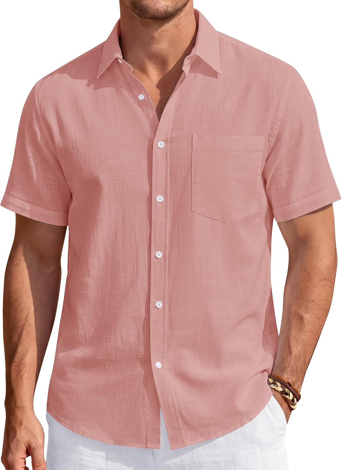 Men's Linen Short Sleeve Shirts Cotton Casual Lightweight Button Down Shirt Beach Vacation Summer Tops with Pocket