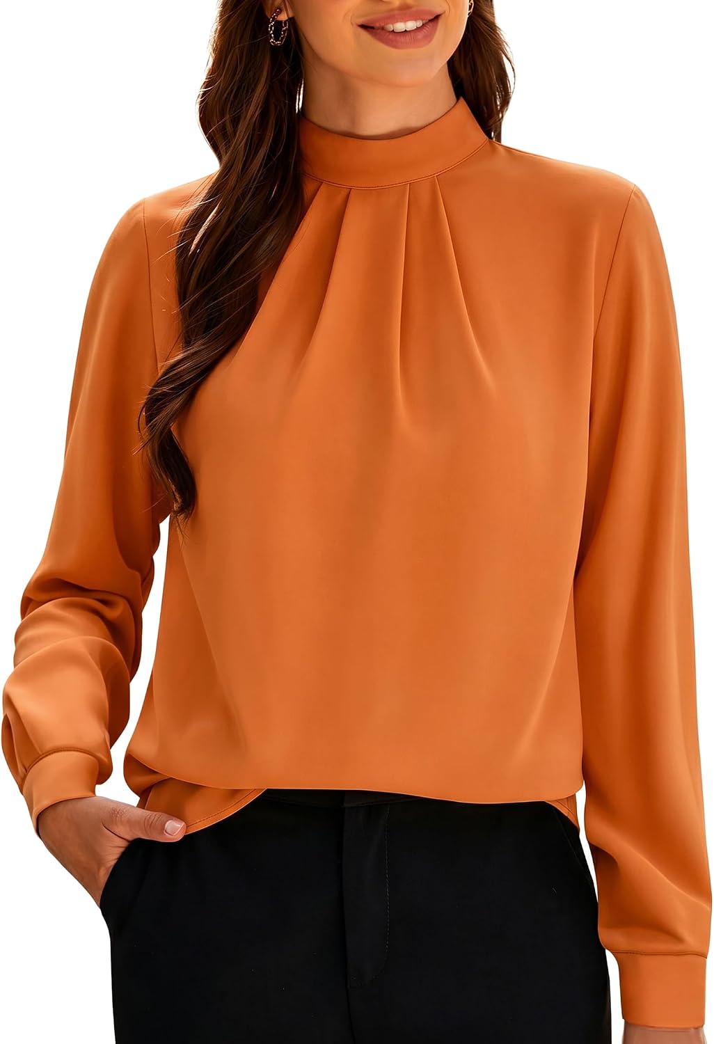 Women's Long Sleeve Tops Dressy Casual Mock Neck Work Blouse Fall Trendy Front Pleated Tunic Chiffon Shirts