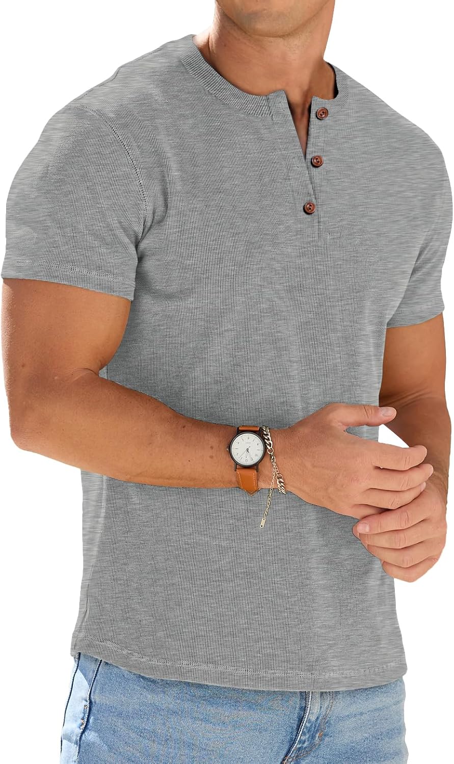Mens Muscle Henley Shirts Lightweight Workout T-Shirt Gym Tee Athletic Short Sleeve with Button