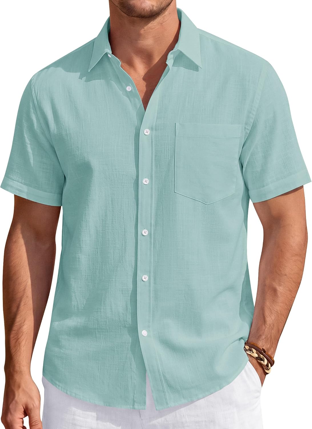 Men's Linen Short Sleeve Shirts Cotton Casual Lightweight Button Down Shirt Beach Vacation Summer Tops with Pocket