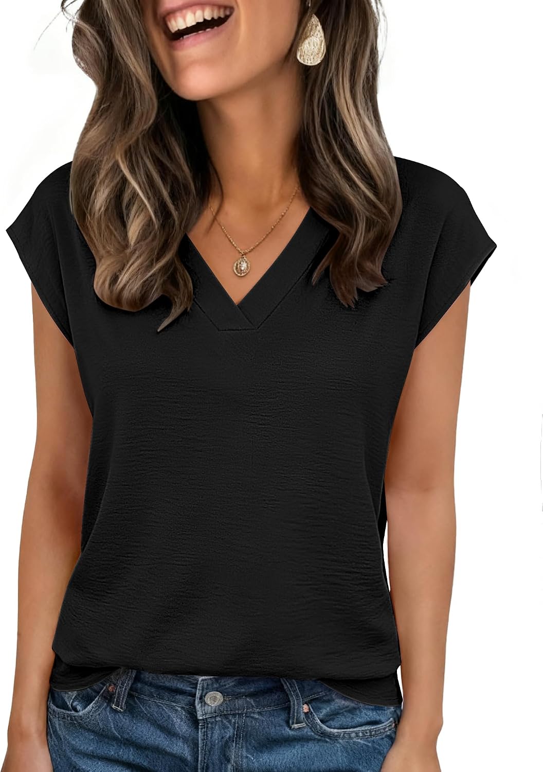 Womens Tops Cap Short Sleeve Textured Blouse V Neck Summer Spring Shirts Business Casual Outfits