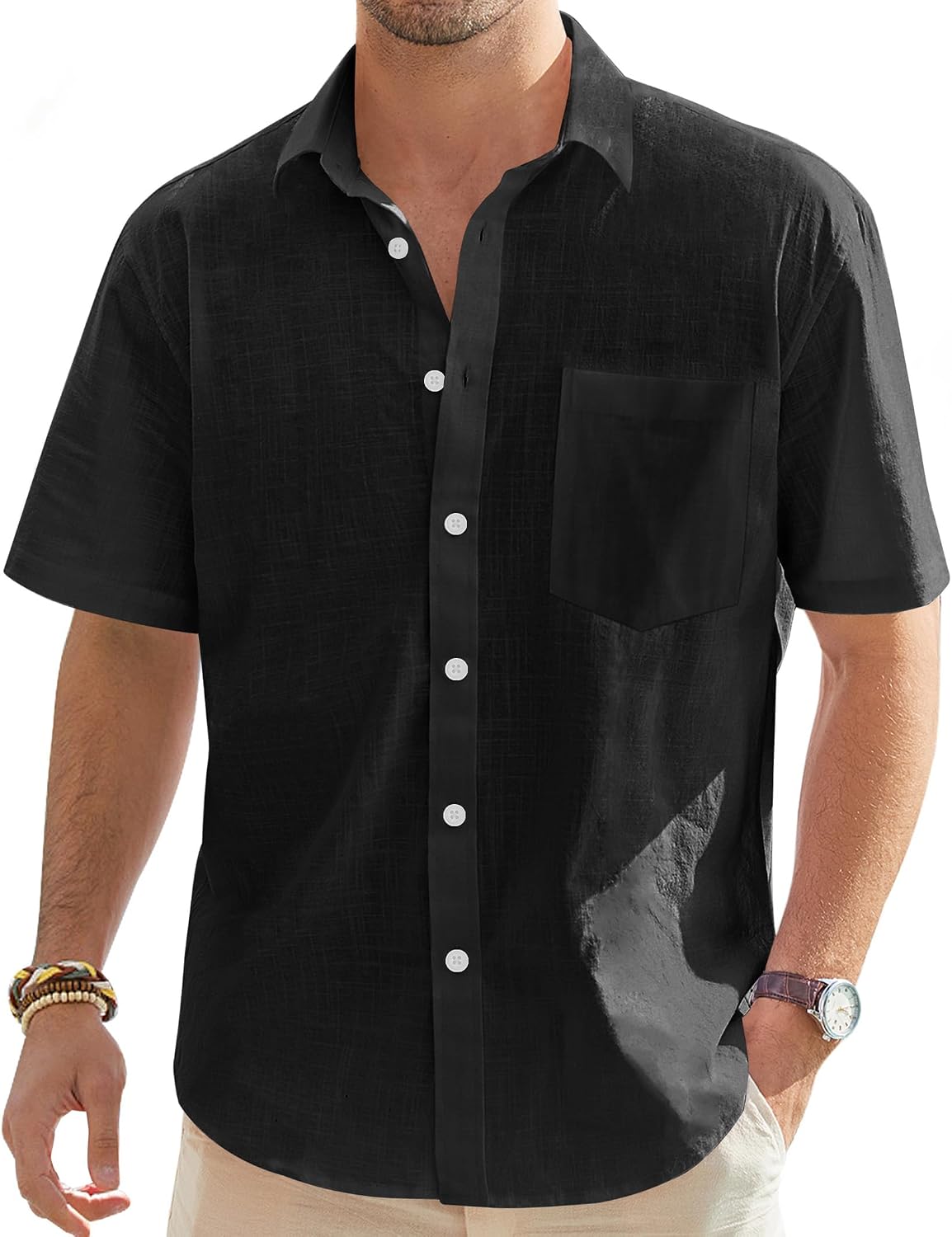 Men's Linen Short Sleeve Shirts Cotton Casual Lightweight Button Down Shirt Beach Vacation Summer Tops with Pocket