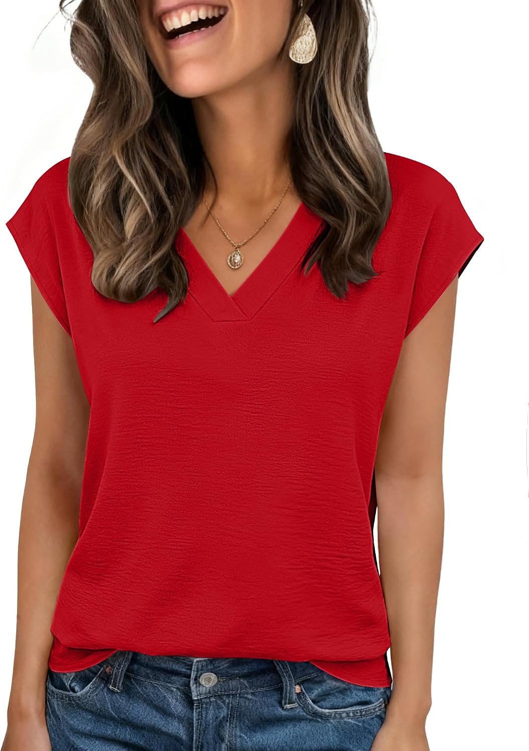 Womens Tops Cap Short Sleeve Textured Blouse V Neck Summer Spring Shirts Business Casual Outfits