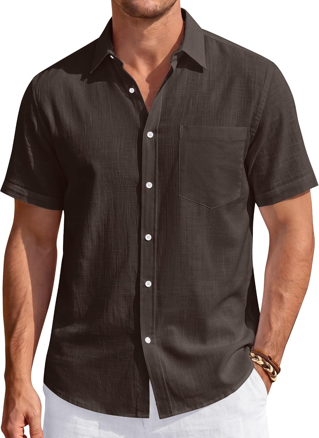 Men's Linen Short Sleeve Shirts Cotton Casual Lightweight Button Down Shirt Beach Vacation Summer Tops with Pocket