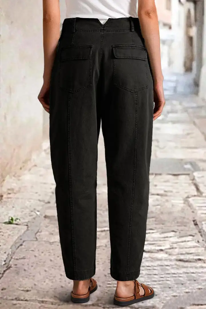 ⚡FINAL SALE⚡- Solid Stitch Detail Mid Waist Barrel Leg Pants Without Belt