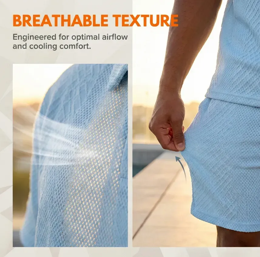 🔥8-Pack Men's Textured Polo & Shorts Sets – Casual Summer Two-Piece Outfits
