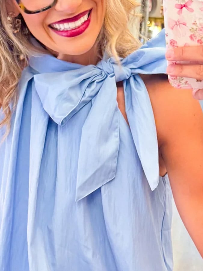 ✨Blue Bubble Hem Bow Top