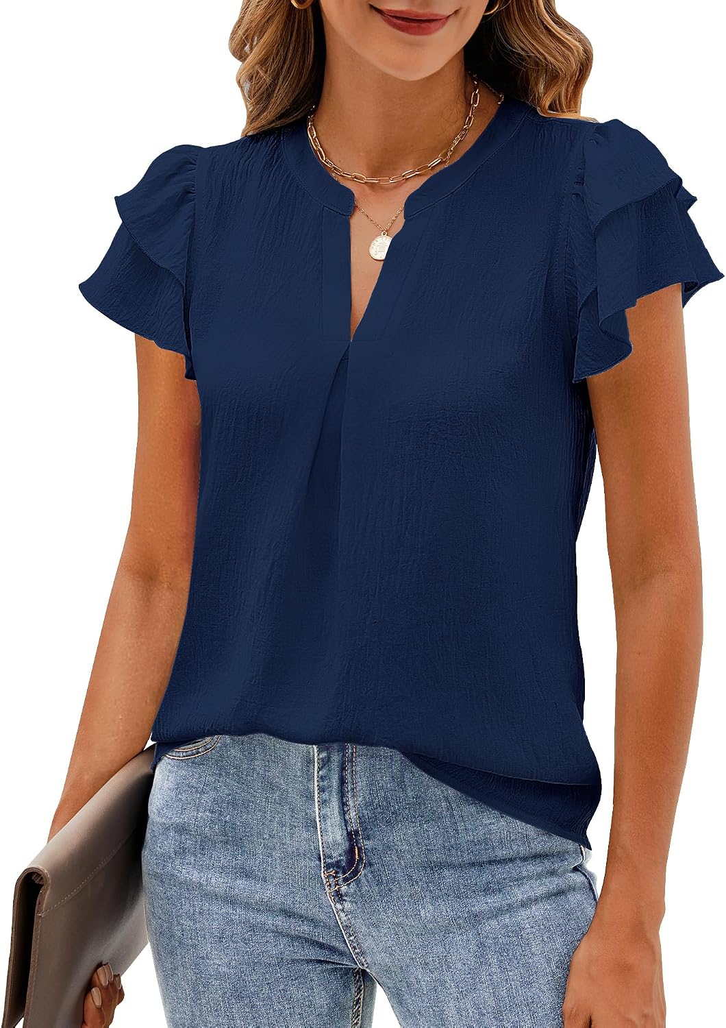 Womens Business Casual Tops Ruffle Short Sleeve V Neck Flowy Dressy Summer Blouses Shirts