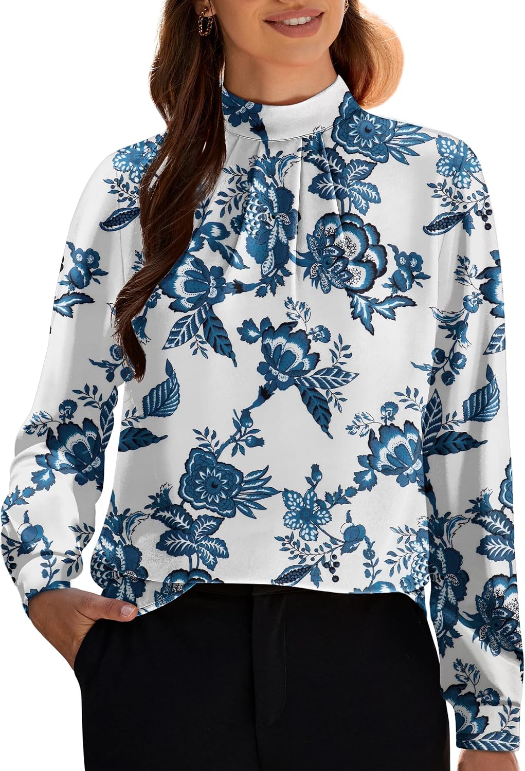 Women's Long Sleeve Tops Dressy Casual Mock Neck Work Blouse Fall Trendy Front Pleated Tunic Chiffon Shirts