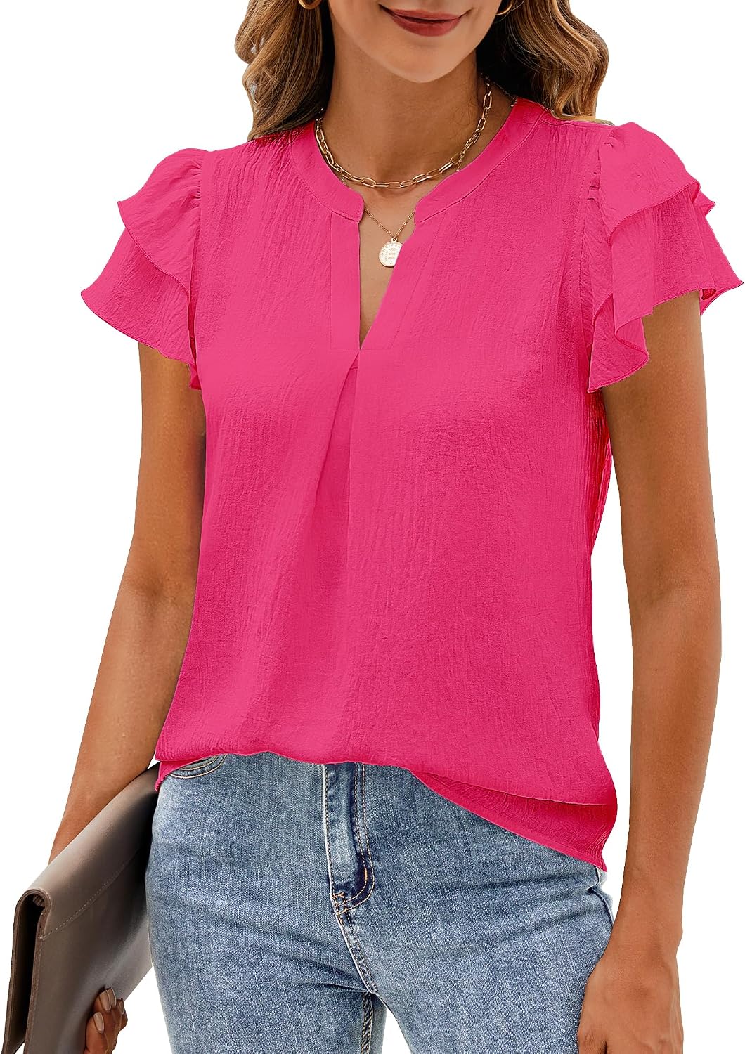Womens Business Casual Tops Ruffle Short Sleeve V Neck Flowy Dressy Summer Blouses Shirts