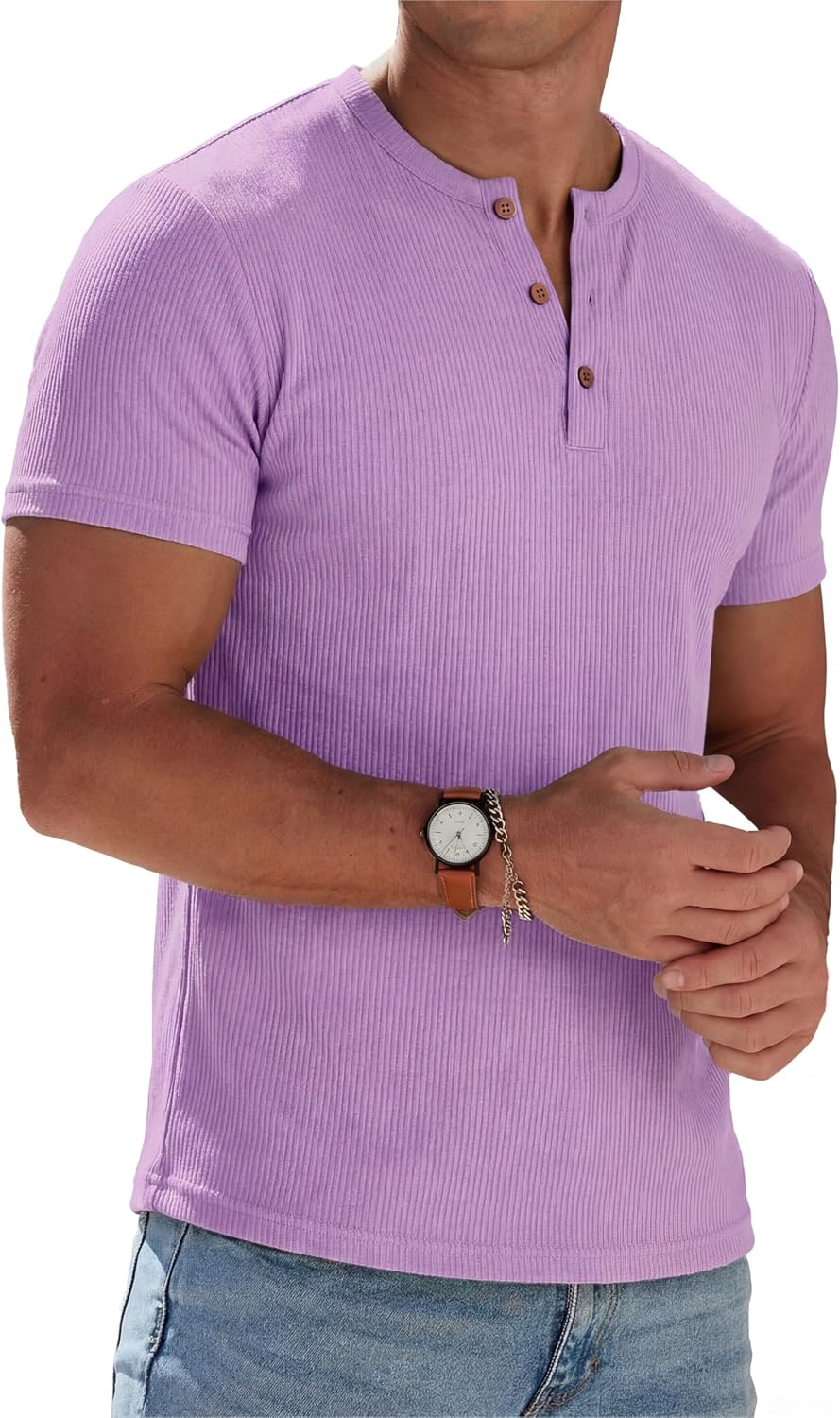 Mens Muscle Henley Shirts Lightweight Workout T-Shirt Gym Tee Athletic Short Sleeve with Button