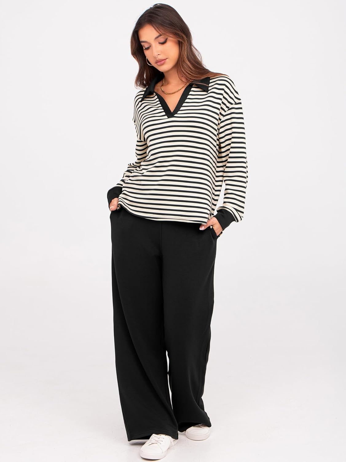 Women's 2 Piece Sets Outfits Casual Long Sleeve Sweatsuits Polo Top and Wide Leg Pants Matching Sets