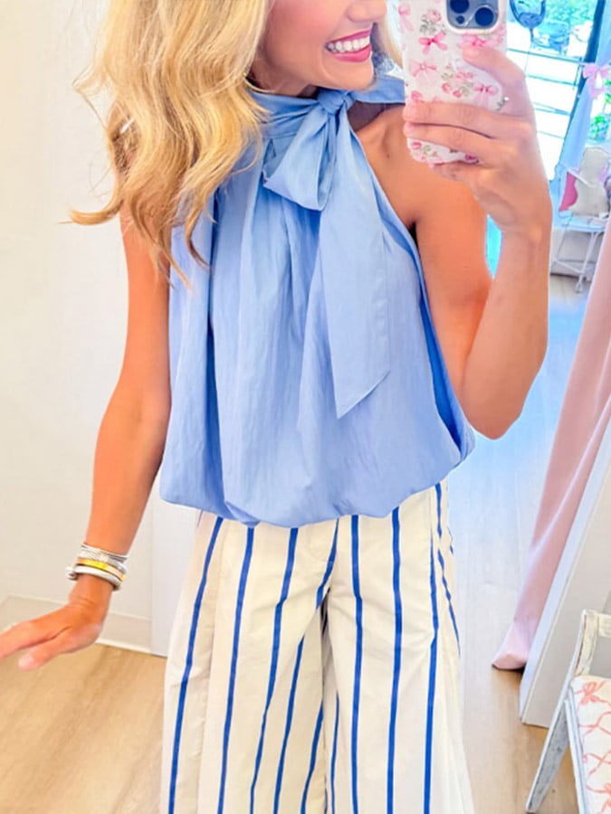 ✨Blue Bubble Hem Bow Top