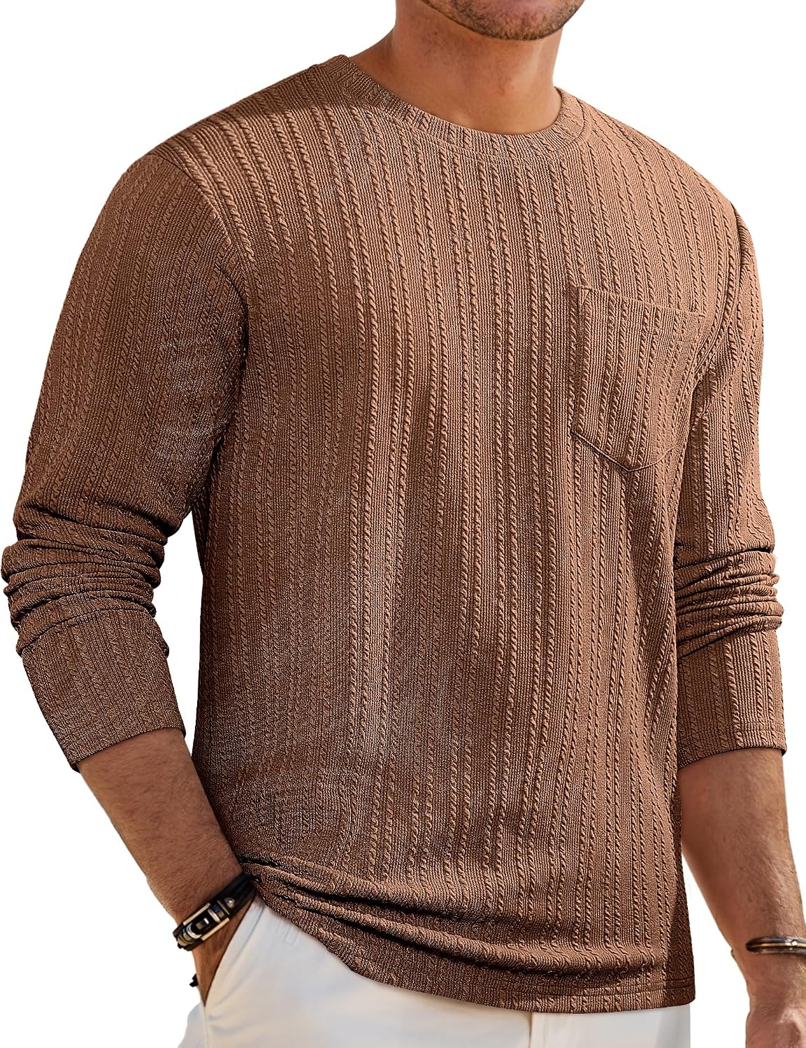 Men's Long Sleeve Shirts Casual Crewneck Pullover T-Shirt Stretch Textured Knit Tee with Pocket