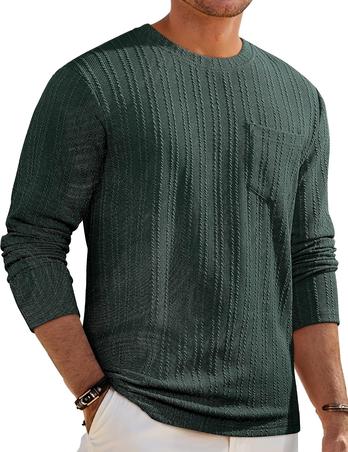 Men's Long Sleeve Shirts Casual Crewneck Pullover T-Shirt Stretch Textured Knit Tee with Pocket