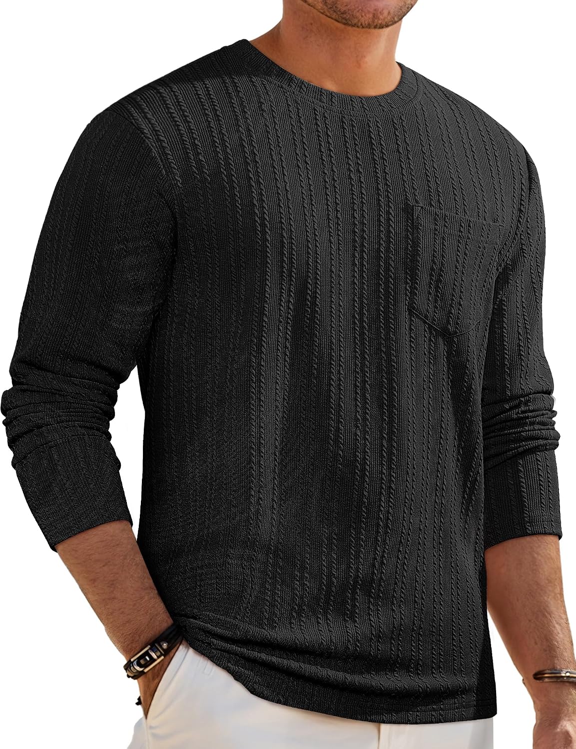 Men's Long Sleeve Shirts Casual Crewneck Pullover T-Shirt Stretch Textured Knit Tee with Pocket
