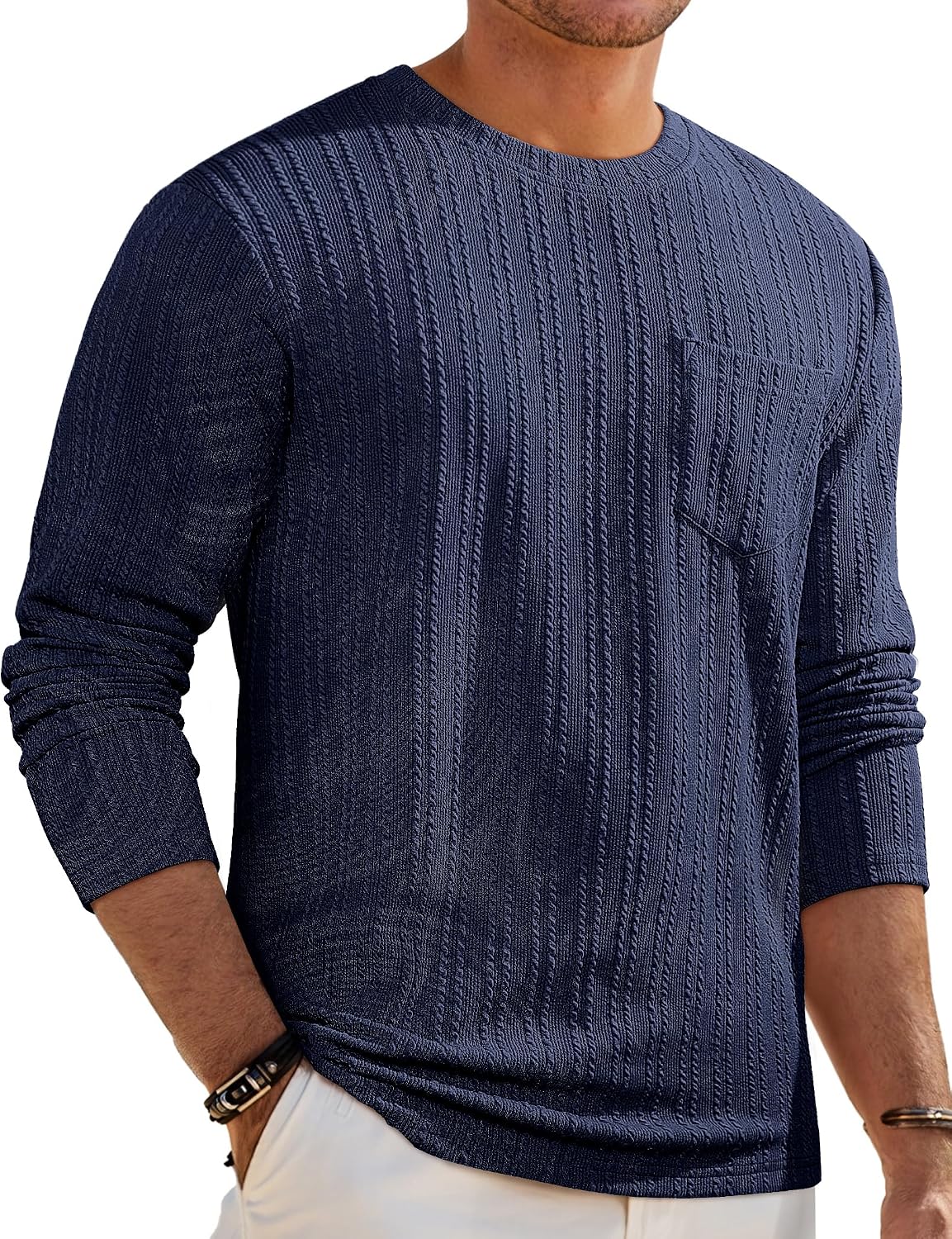 Men's Long Sleeve Shirts Casual Crewneck Pullover T-Shirt Stretch Textured Knit Tee with Pocket