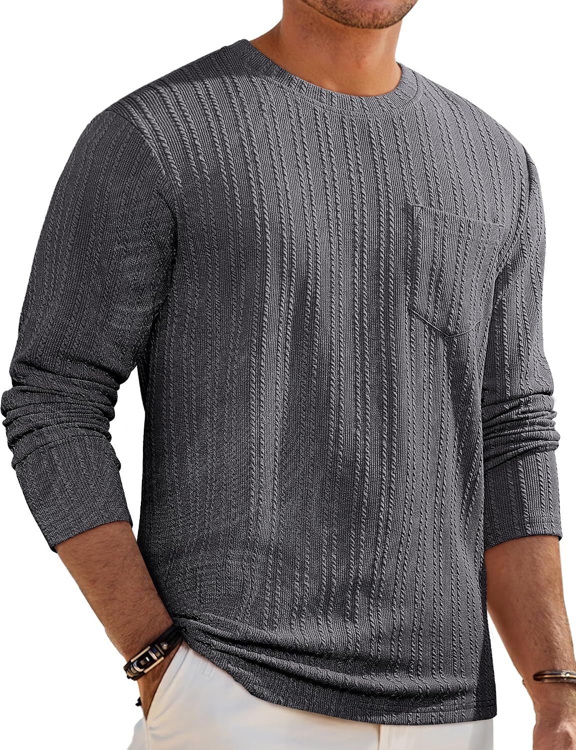 Men's Long Sleeve Shirts Casual Crewneck Pullover T-Shirt Stretch Textured Knit Tee with Pocket