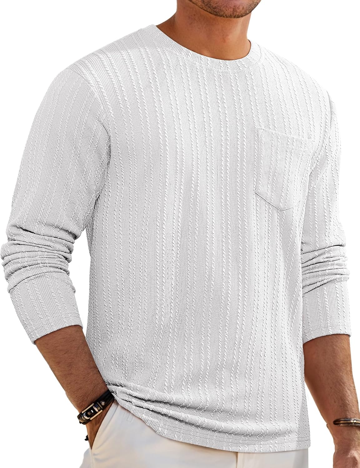 Men's Long Sleeve Shirts Casual Crewneck Pullover T-Shirt Stretch Textured Knit Tee with Pocket