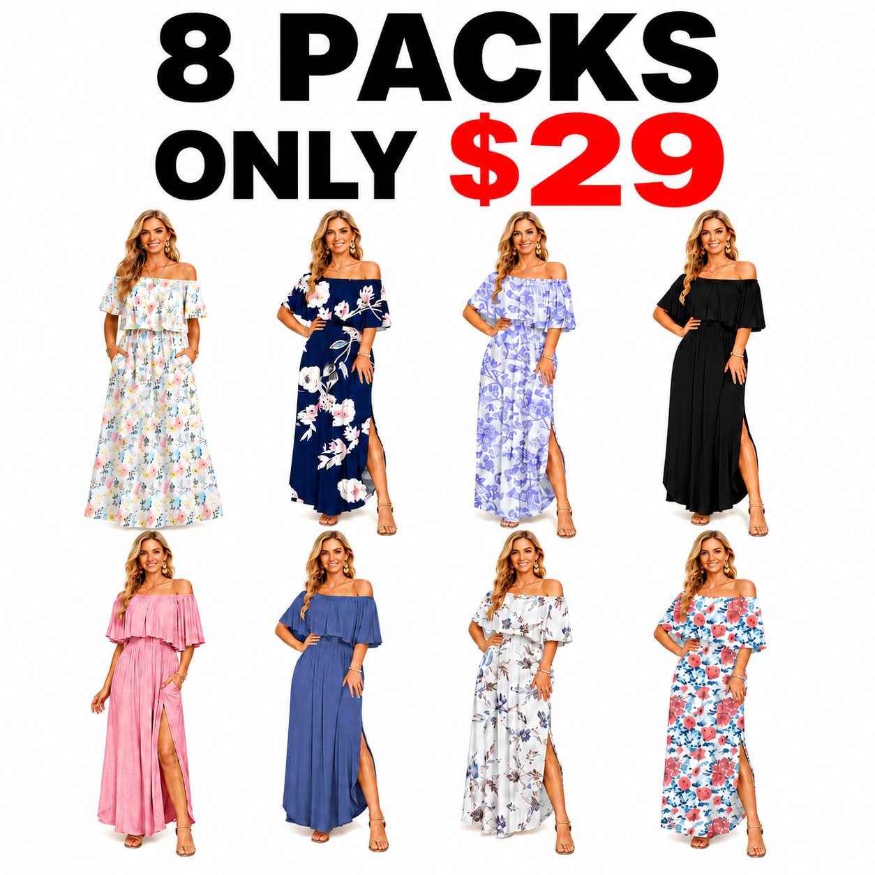 🔥Women's Off The Shoulder Dress Wedding Guest Dress Summer Casual Long Ruffle Party Side Split Beach Maxi Dresses