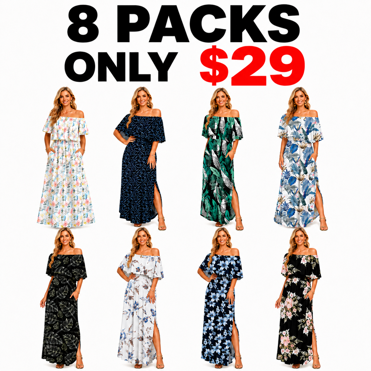 🔥Women's Off The Shoulder Dress Wedding Guest Dress Summer Casual Long Ruffle Party Side Split Beach Maxi Dresses