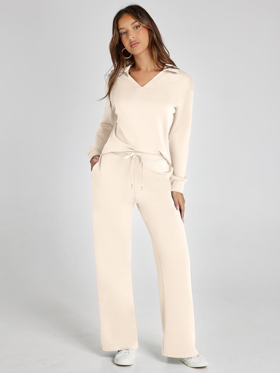 Women's 2 Piece Sets Outfits Casual Long Sleeve Sweatsuits Polo Top and Wide Leg Pants Matching Sets