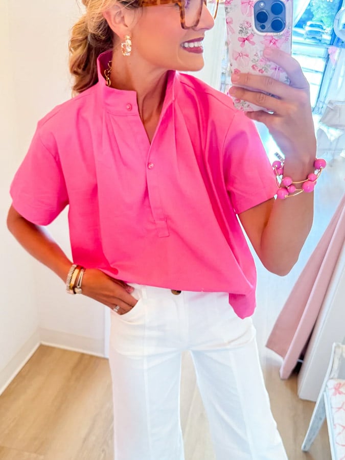 ✨Pink Stand Collar Short Sleeve Top