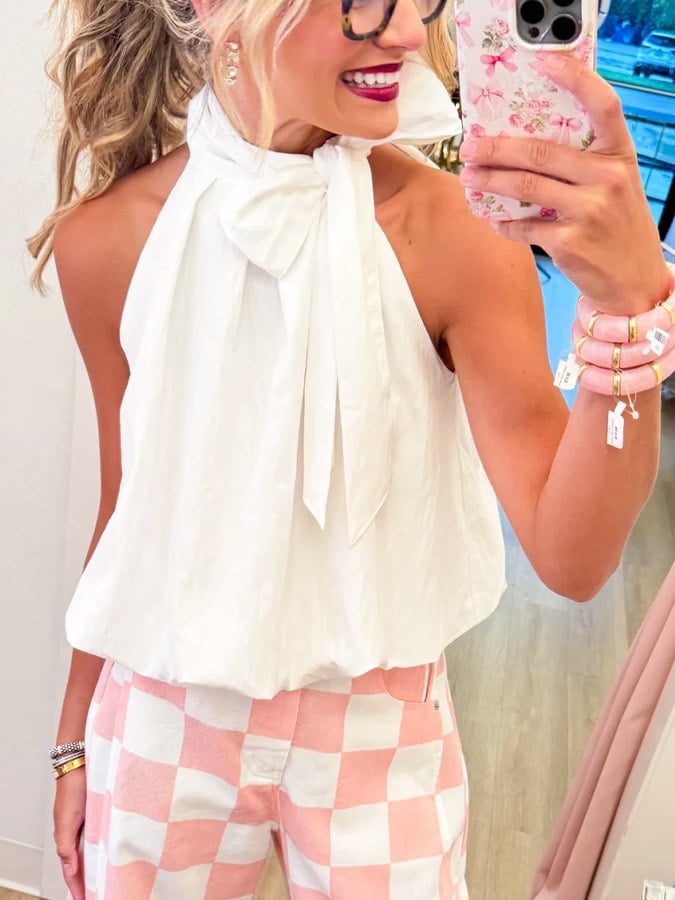 ✨White Bubble Hem Bow Top