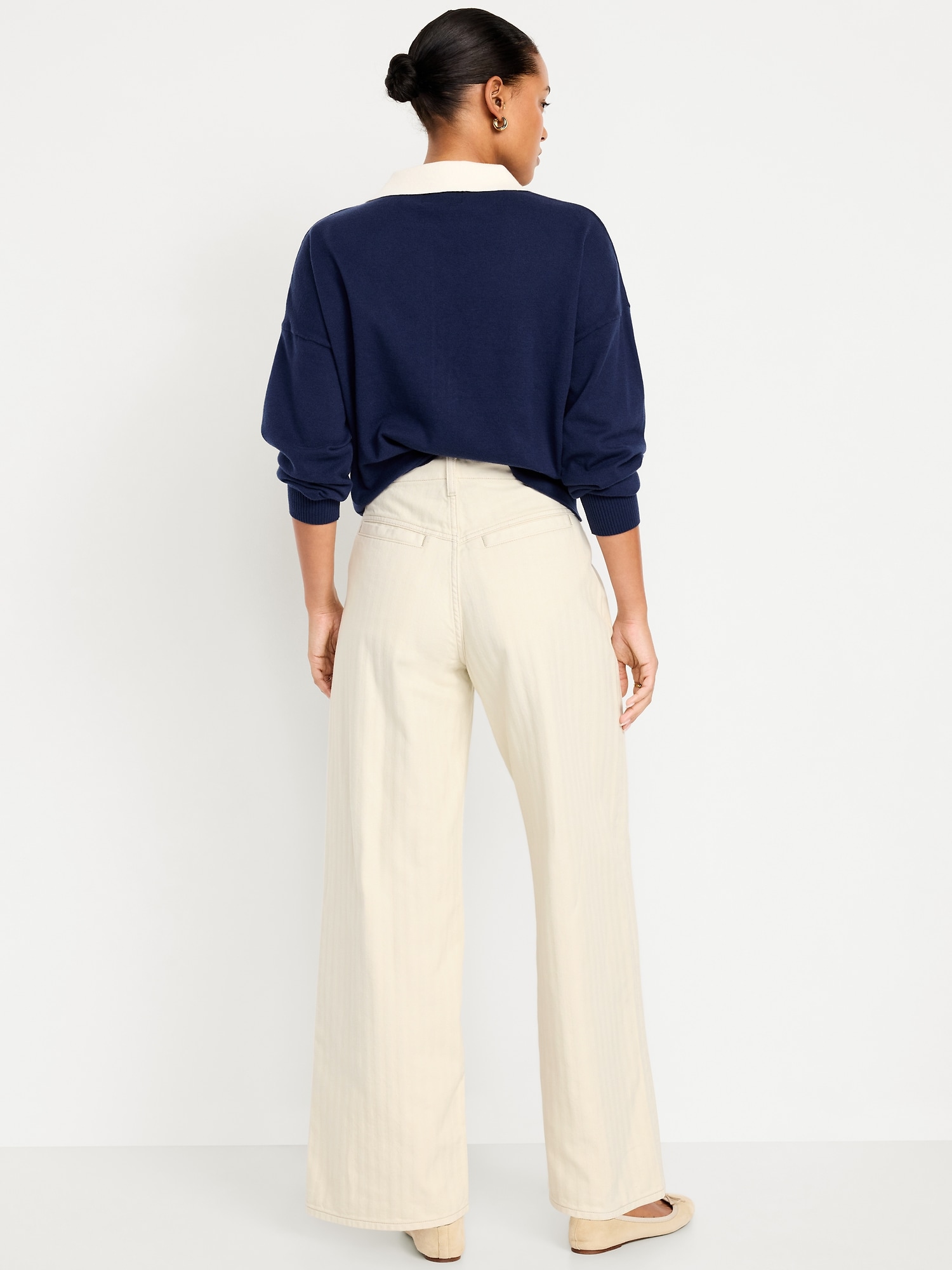 High-Waisted Baggy Wide-Leg Jeans - Ecru Herringbone - image 3