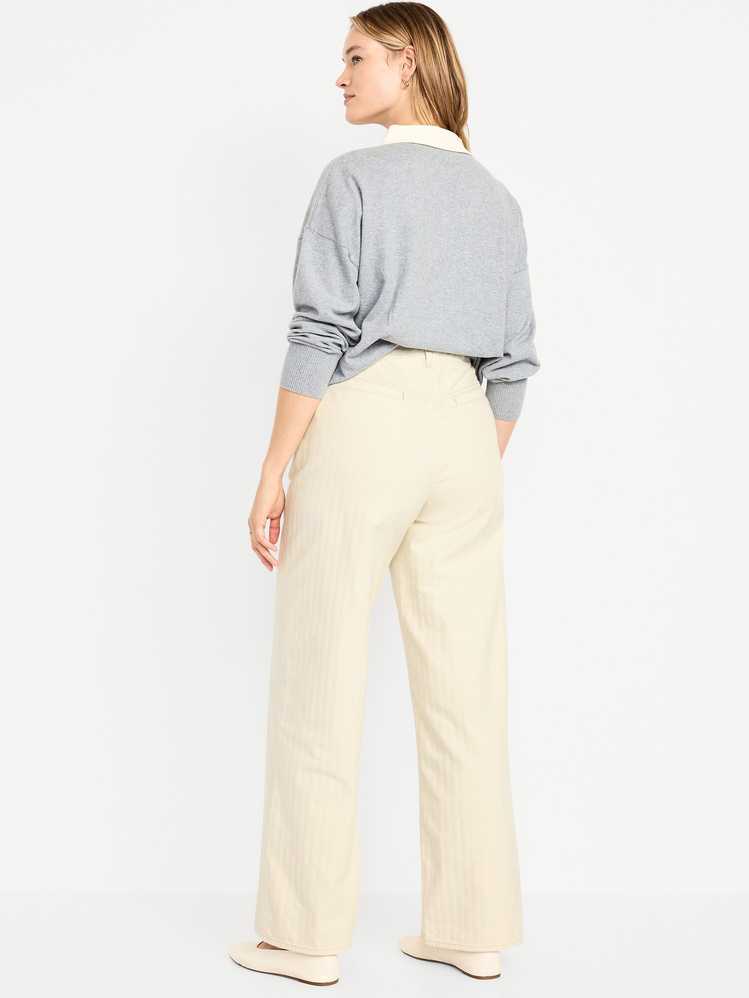 High-Waisted Baggy Wide-Leg Jeans - Ecru Herringbone - image 6