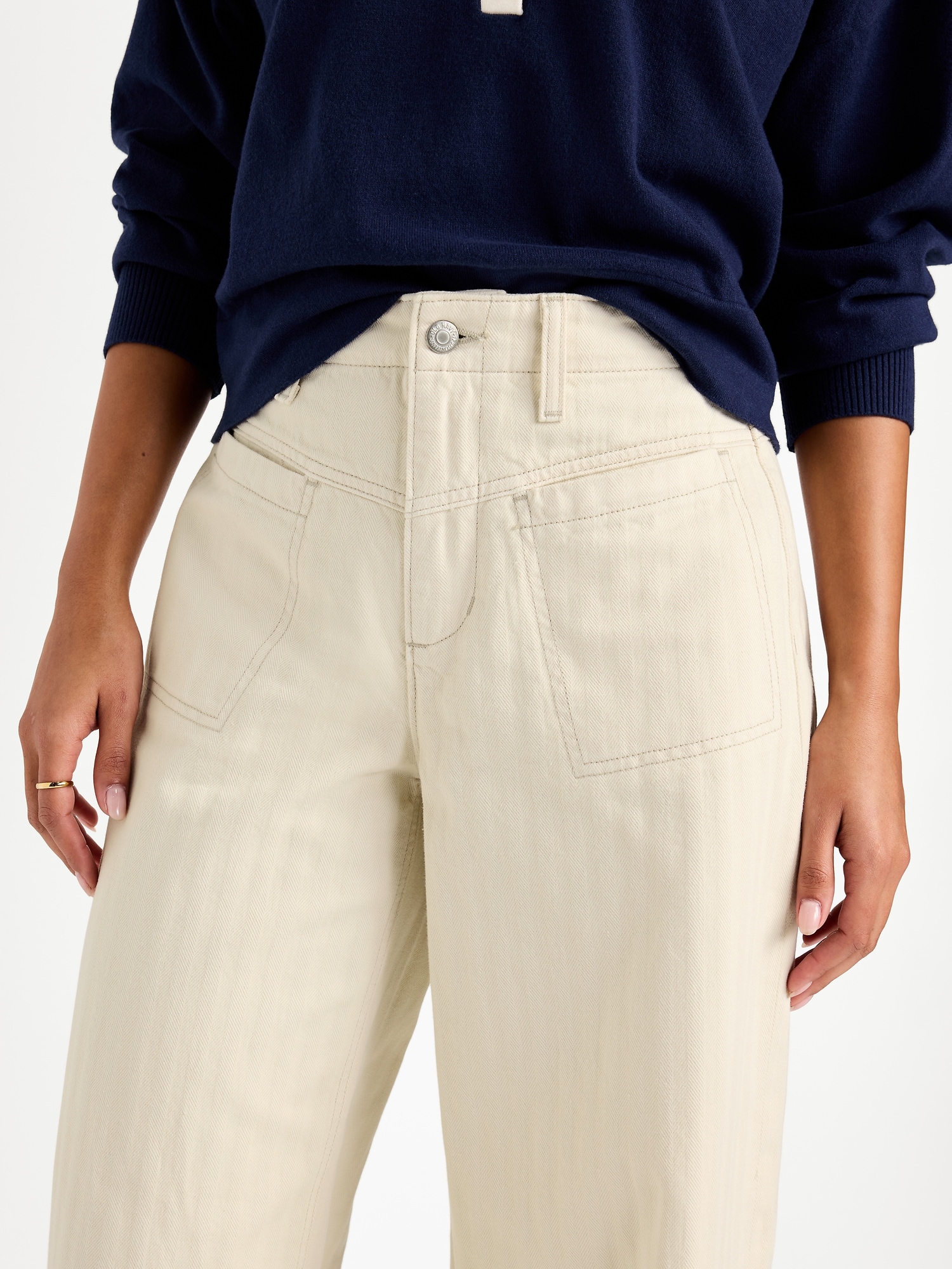 High-Waisted Baggy Wide-Leg Jeans - Ecru Herringbone - image 4
