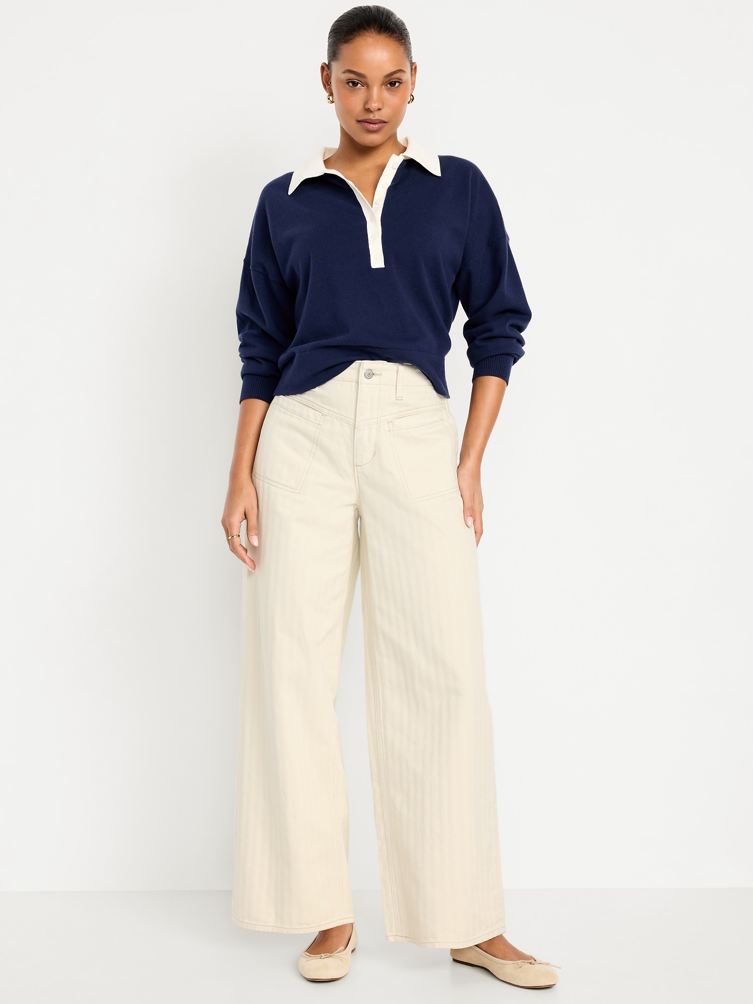High-Waisted Baggy Wide-Leg Jeans - Ecru Herringbone - image 1