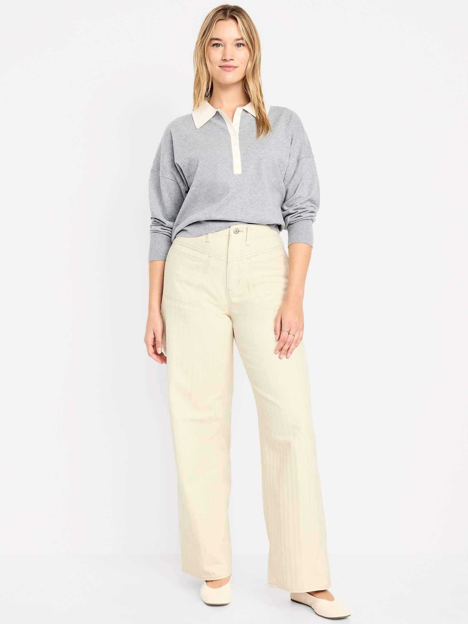 High-Waisted Baggy Wide-Leg Jeans - Ecru Herringbone - image 5
