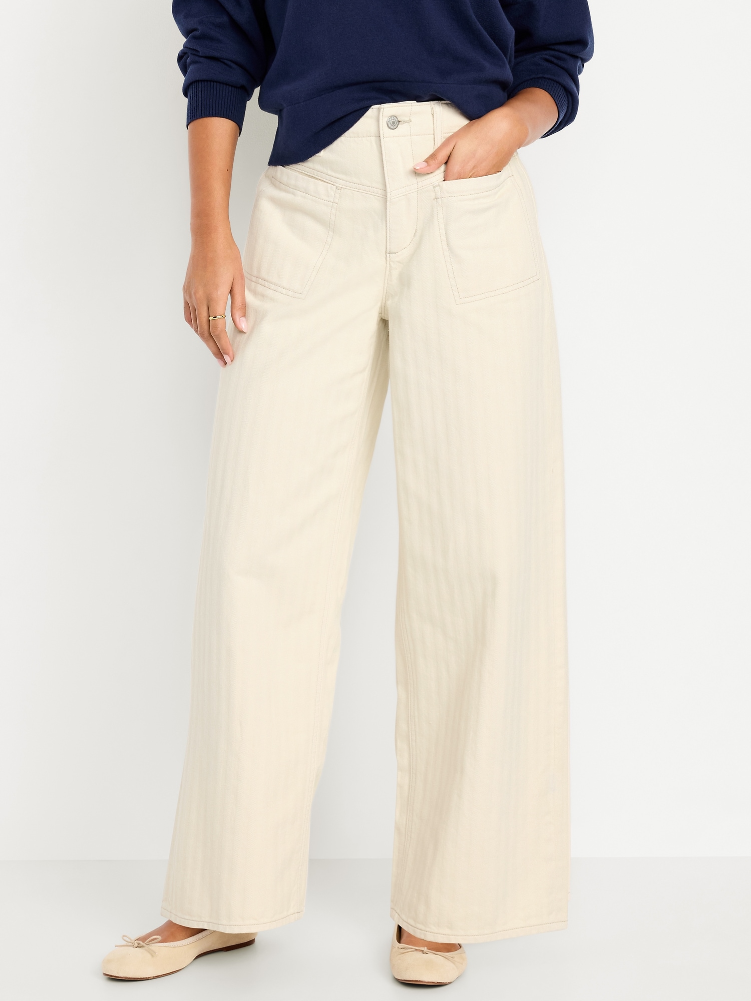 High-Waisted Baggy Wide-Leg Jeans - Ecru Herringbone - image 2
