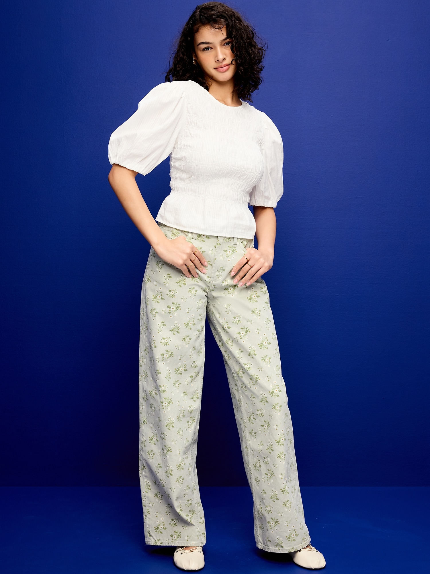 High-Waisted Baggy Wide-Leg Jeans - Flowers - image 1