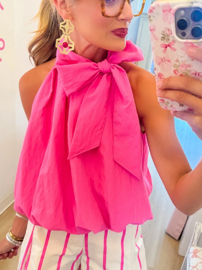 ✨Hot Pink Bubble Hem Neck Bow Top