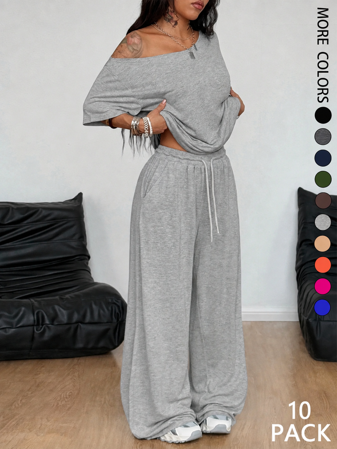 Gray off-shoulder wide-leg pants set, 10-pack bundle