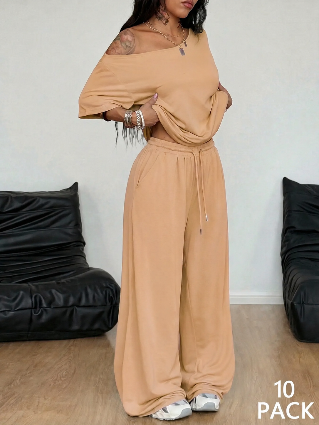 Khaki off-shoulder wide-leg pants set, 10-pack bundle